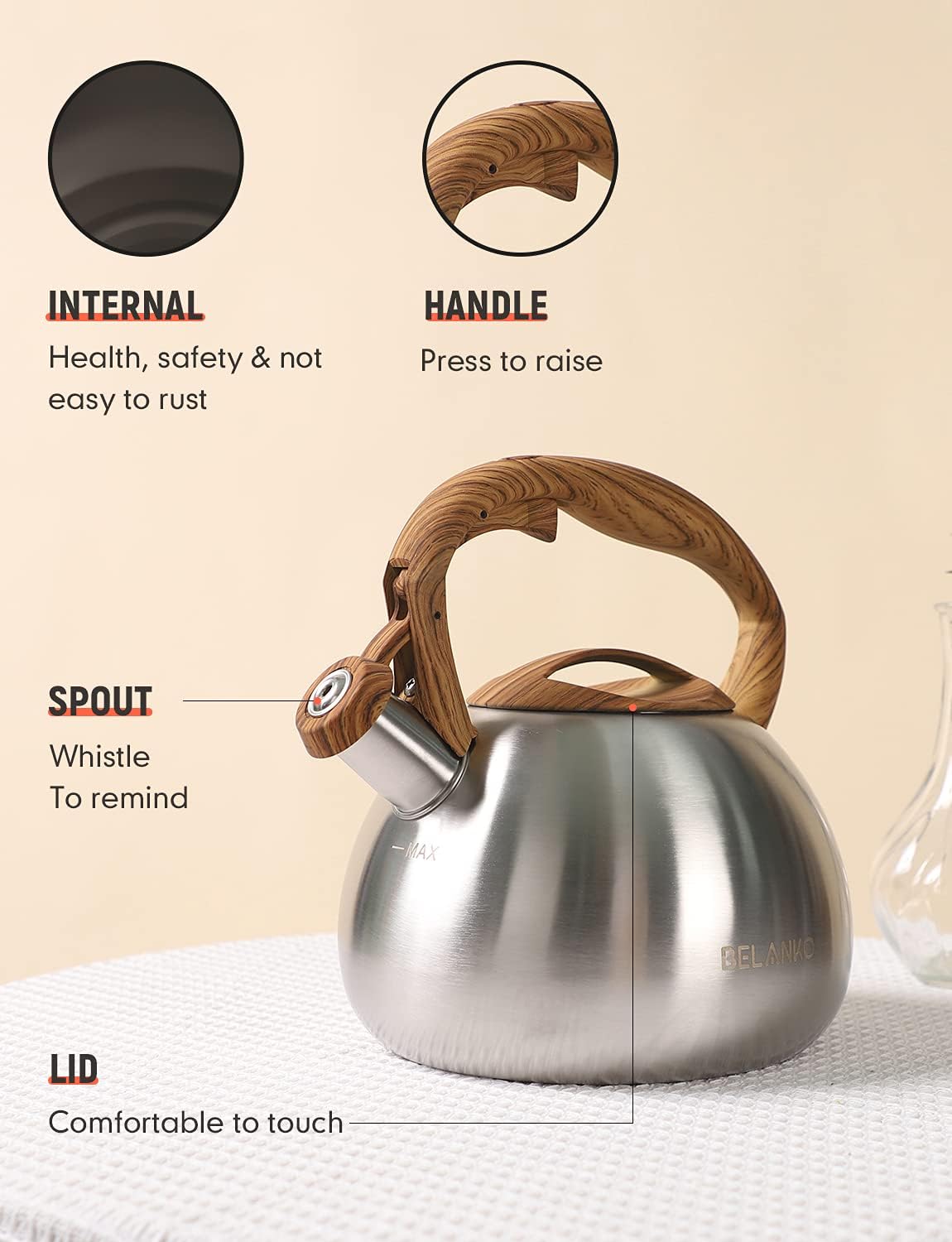 BELANKO – Hervidor de té silbante de 102 onzas  3 litros, ollas para estufa, acero inoxidable de grado alimenticio con mango de madera, silbato