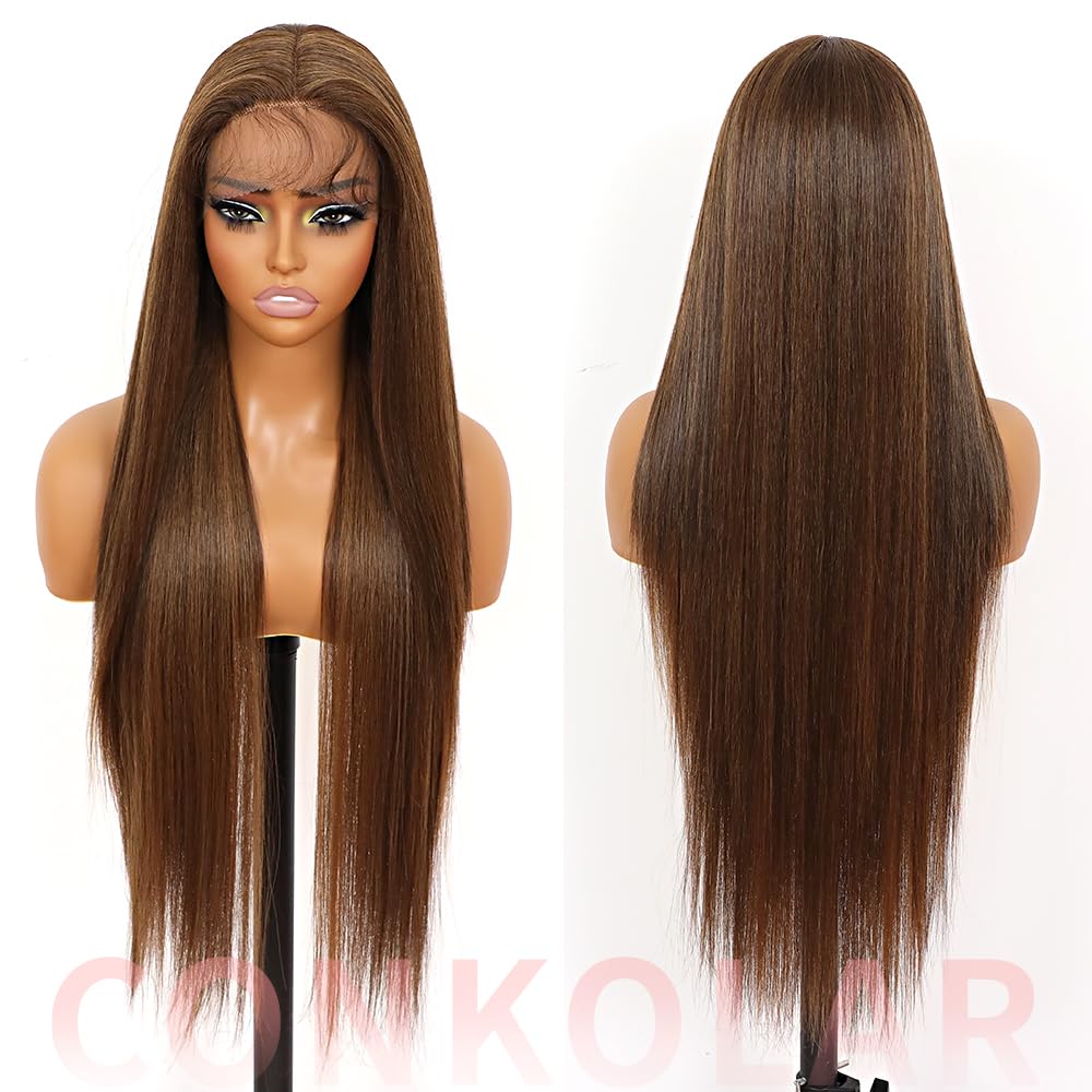Pelucas de encaje frontal sintético lacio marrón, sin pegamento, línea de cabello natural, con reflejos marrones, pelucas de encaje sintético marrón