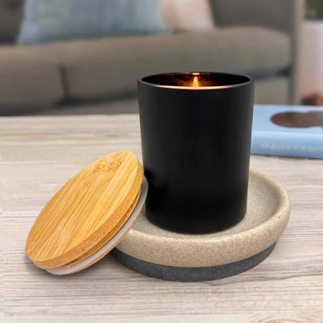Vaso de vidrio de 8 fl oz, color negro con tapa de madera, paquete de 12 unidades para hacer velas