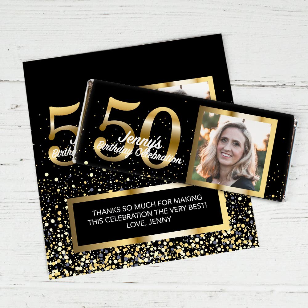 Envoltorios personalizados de 25 quilates para barra de caramelo de cumpleaños 50 con fotos DIY recuerdos de fiesta (25 envolturas)  Caramelo no