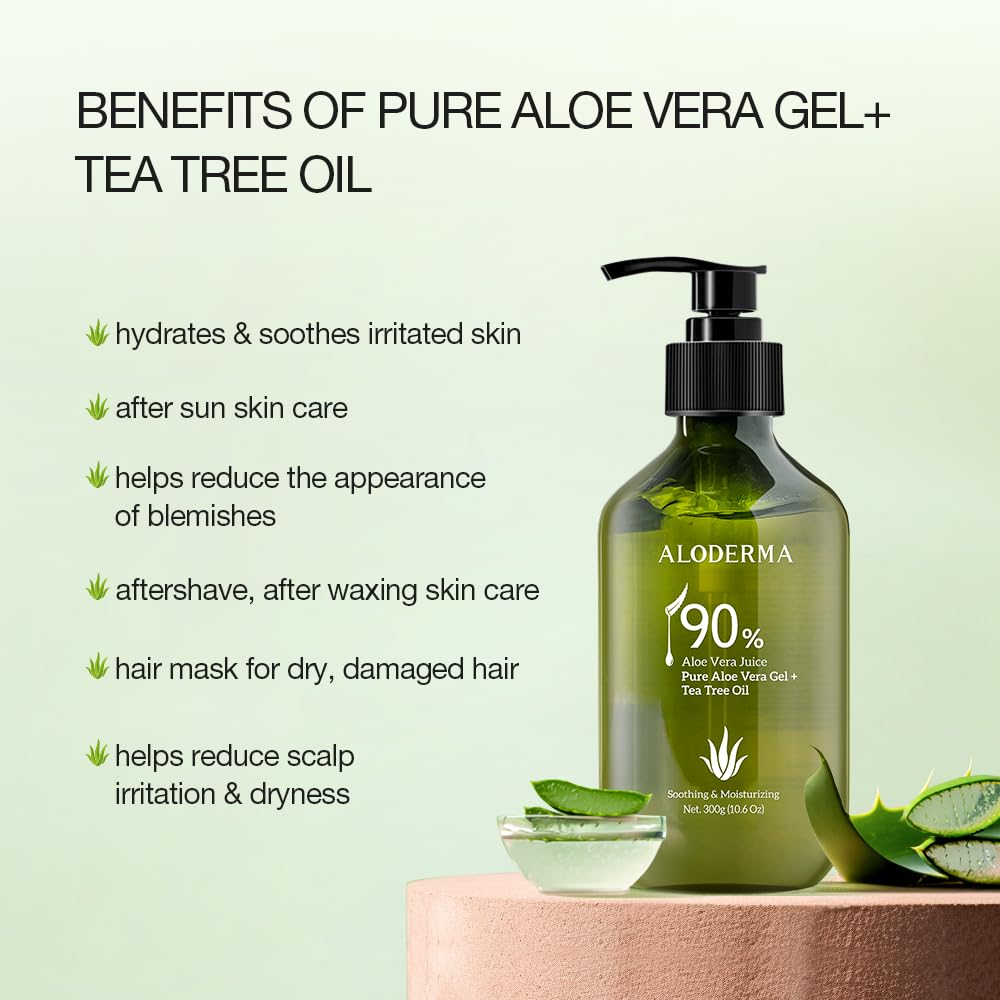 Aloderma Gel orgánico de aloe vera para la piel + aceite de árbol de té, fabricado dentro de las 12 horas de la cosecha, gel de aloe vera puro