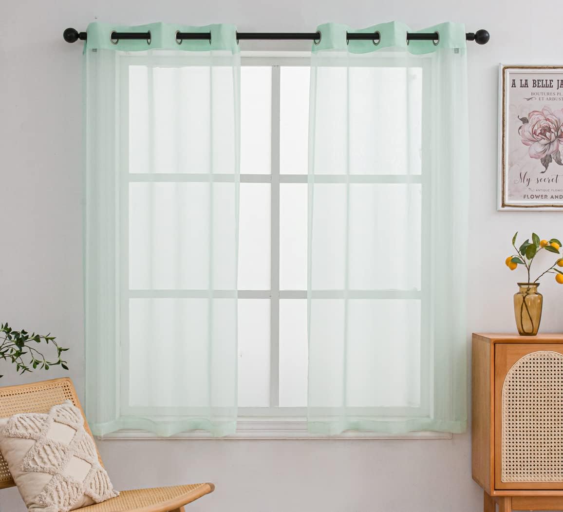 PI – Cortinas cortas transparentes verdes, con ojales en la parte superior, telón de fondo de gasa natural para comedor, cocina, 2 paneles (52