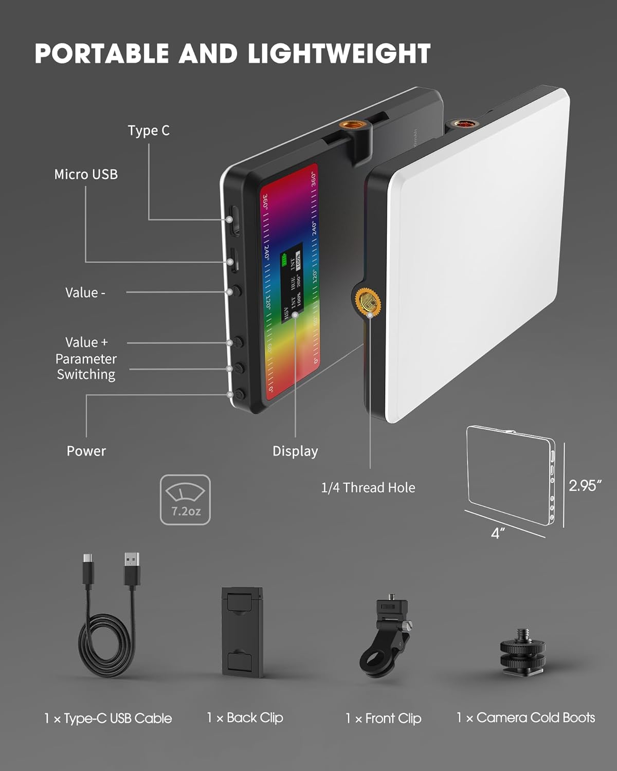 MAXTOP Luz de teléfono, luz de video RGB portátil para selfie para iPhone, iPad, cámara, clip frontal y trasero, batería de 2000 mAh, CRI 95+,
