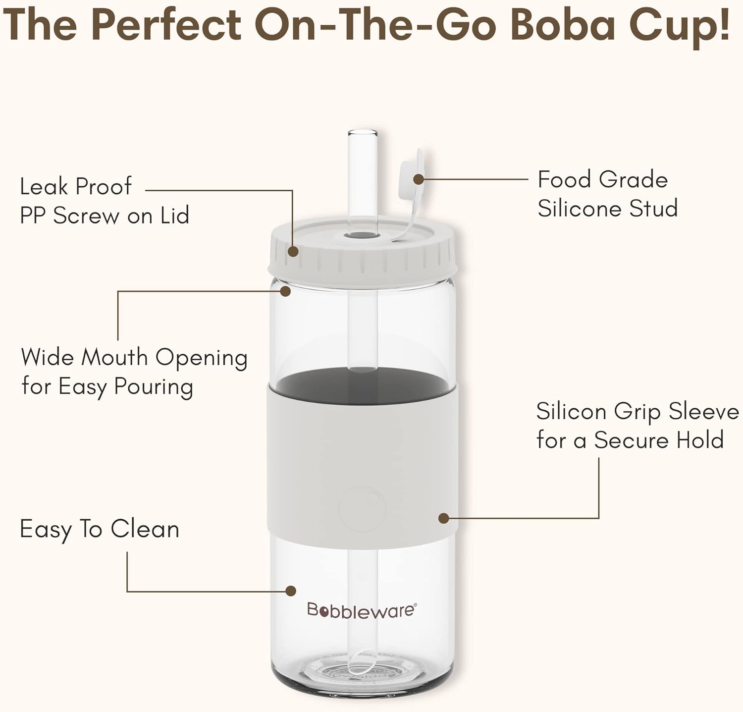 Vaso de té de burbujas de vidrio borosilicato con tapa y pajilla, vaso de batido Boba reutilizable, vaso de viaje de boca ancha con funda, a prueba