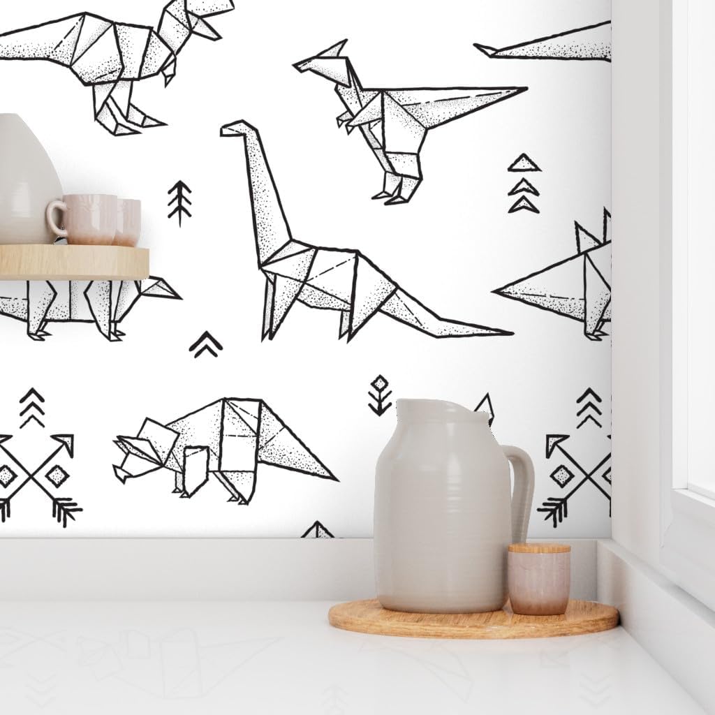 Spoonflower Papel tapiz autoadhesivo de 12 x 2 pies  Dinosaurios Origami Negro Blanco Geométrico Monocromo Papel pintado extraíble personalizado