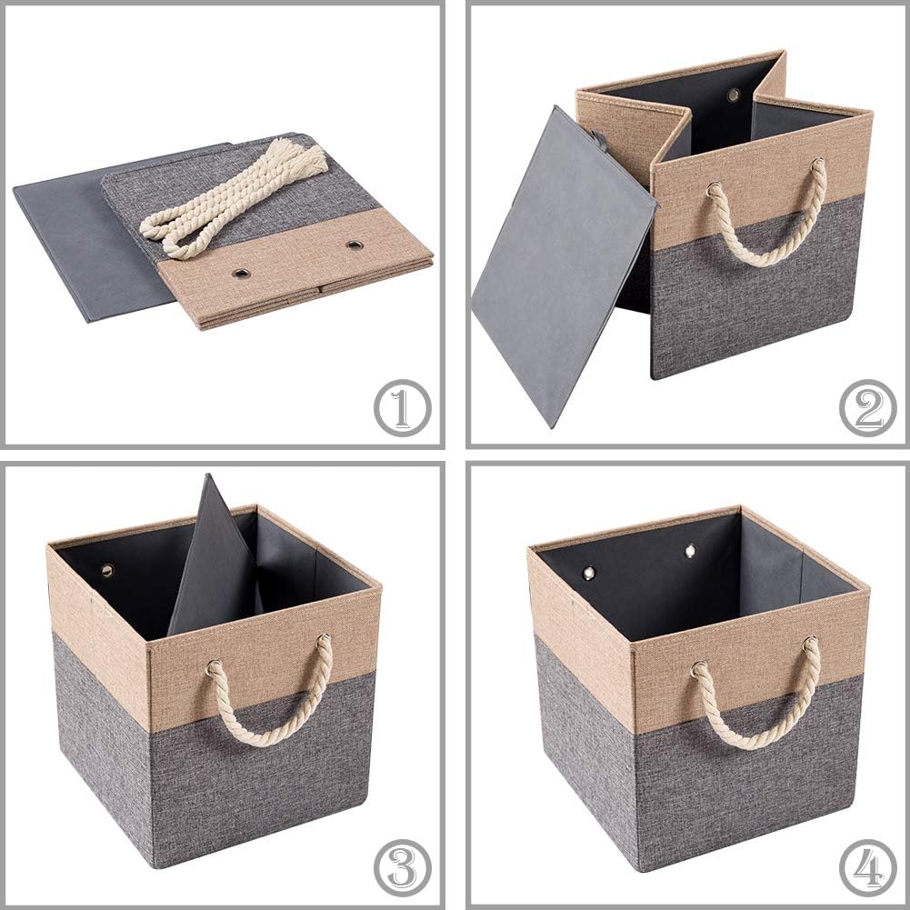 PRANDOM Contenedores plegables grandes de almacenamiento de 13 x 13 pulgadas paquete de 4 cestas de almacenamiento de tela de lino, cubos con asas