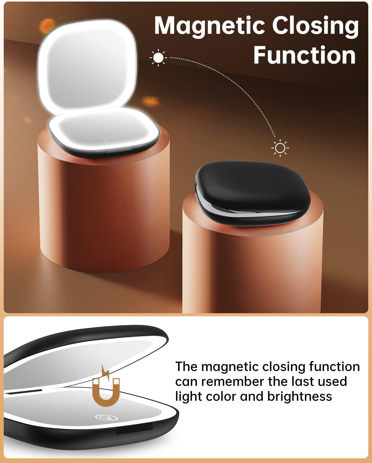 Gospire Espejo de maquillaje de viaje recargable de doble cara con luces y aumento 10X, espejo compacto LED con 3 colores de luz y brillo ajustable,