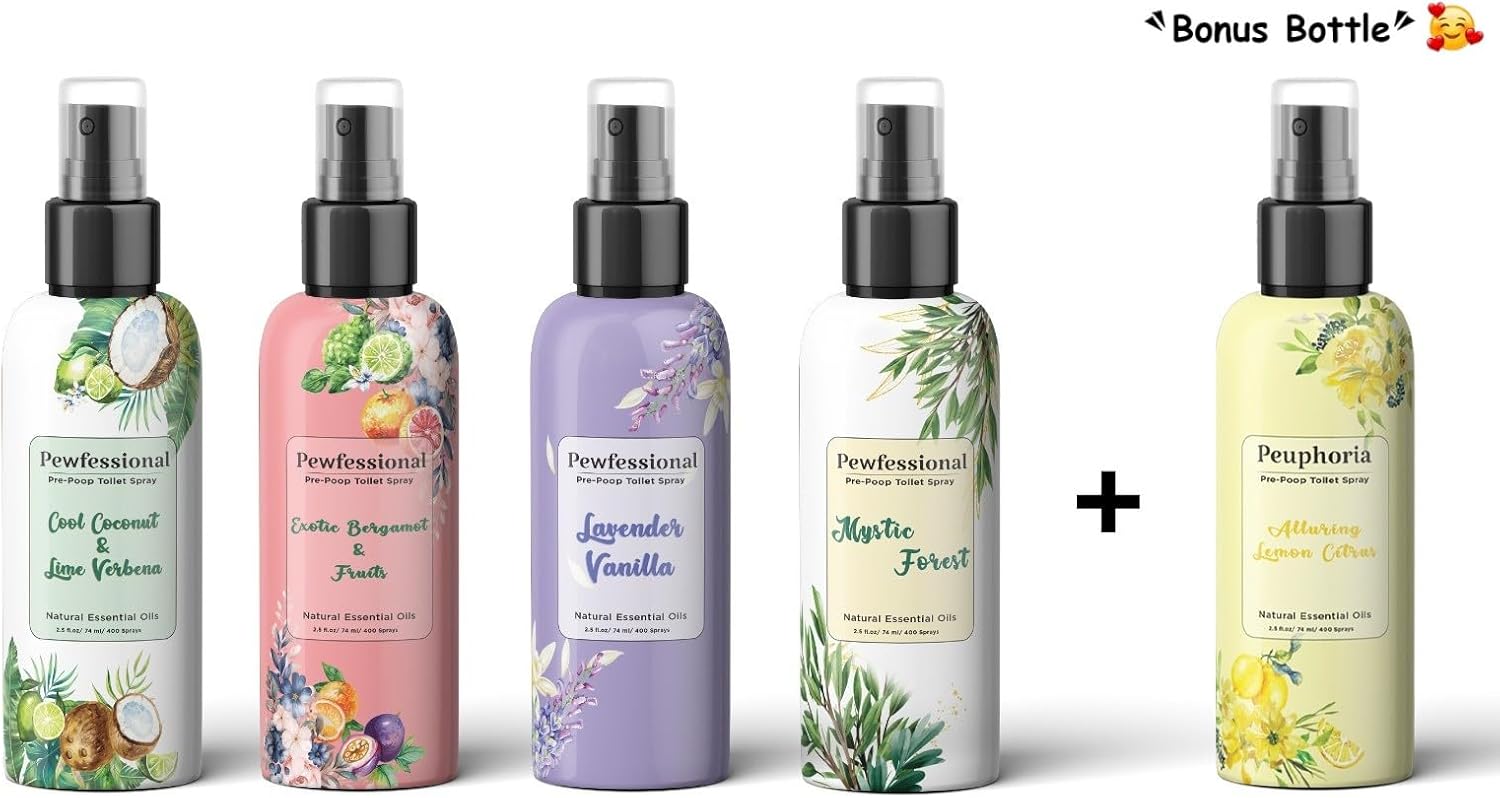 Spray de inodoro pre pop, eliminador de olores de inodoro, paquete de 4 + 1 botella de regalo, tamaño de viaje de 2.5 onzas
