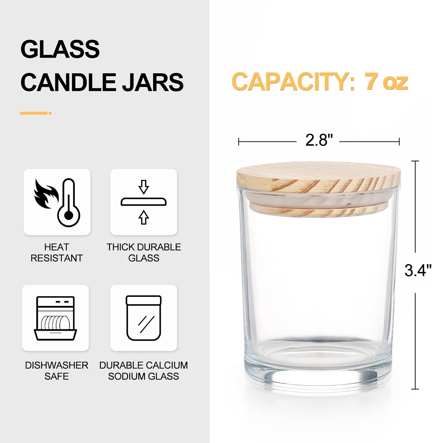 SHOWIN Tarros gruesos para hacer velas, 20 unidades, tarros de vidrio vacíos transparentes de 7 onzas con tapas de madera, tarros de especias,