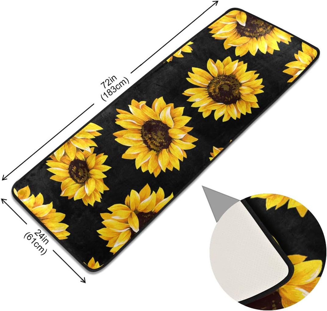 Alfombras de cocina negras con diseño de girasol, antideslizantes, suaves, para el hogar, comedor, sala de estar, dormitorio, 72 x 24 pulgadas