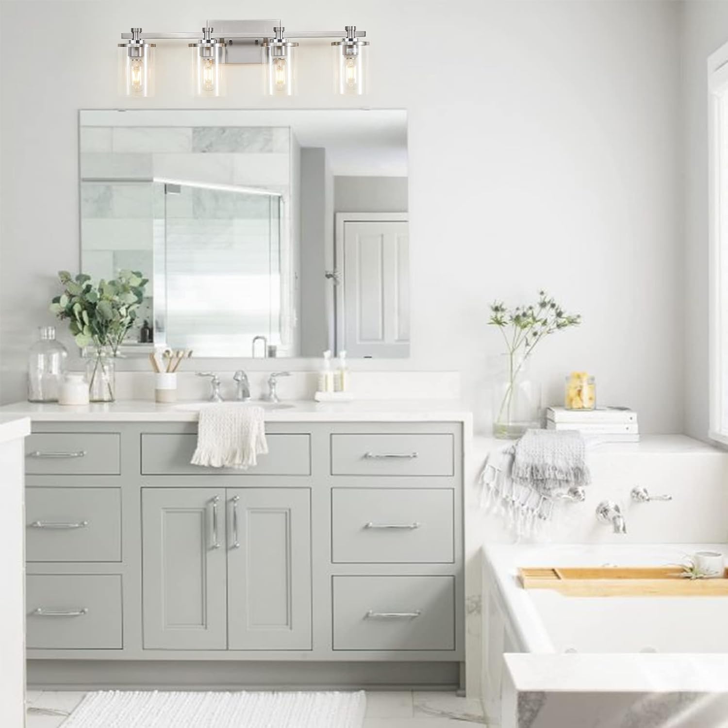 Lámpara de tocador de baño de 4 luces, luces de tocador de níquel sobre el espejo, enchufe de acento de cobre de níquel cepillado, lámparas de baño