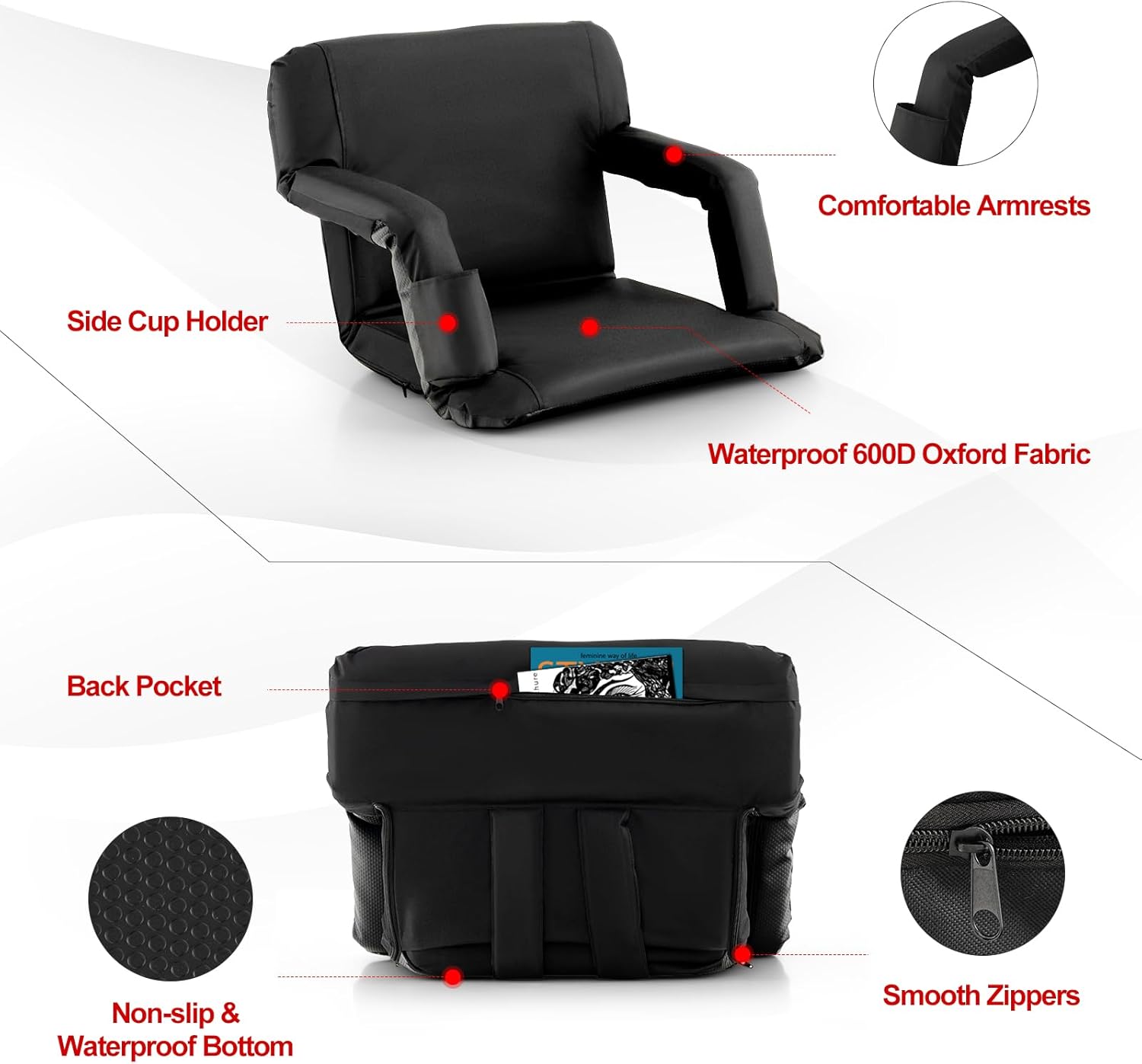 Goplus Asiento de estadio para gradas, silla plegable de 24.5 pulgadas de ancho con 6 posiciones reclinables, soporte para tazas, cojín grueso,