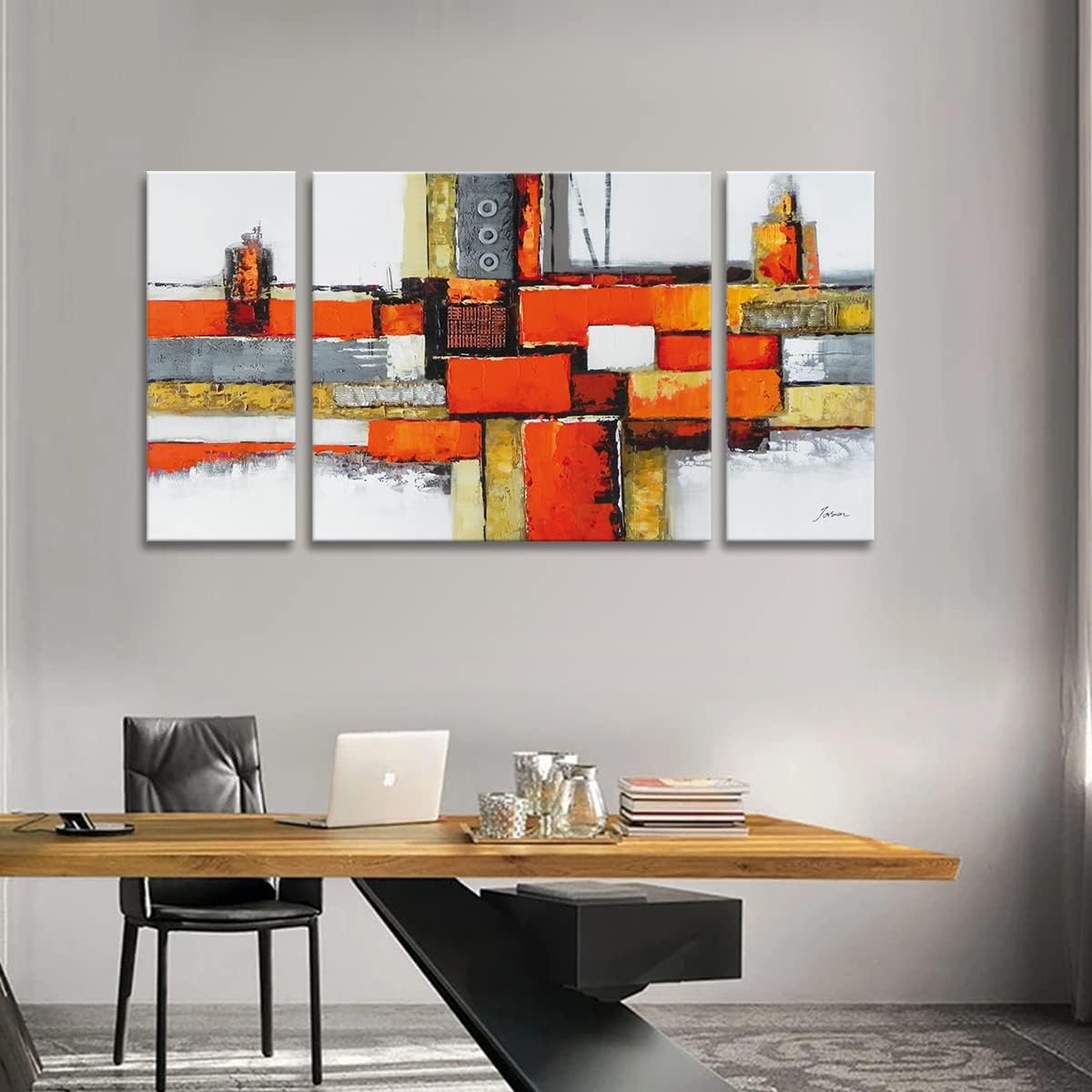 Noah Art -Arte de pared naranja, pintura al óleo 100% pintada a mano por Palette Knife Modern Pictures, 3 piezas estiradas y envueltas en galería,