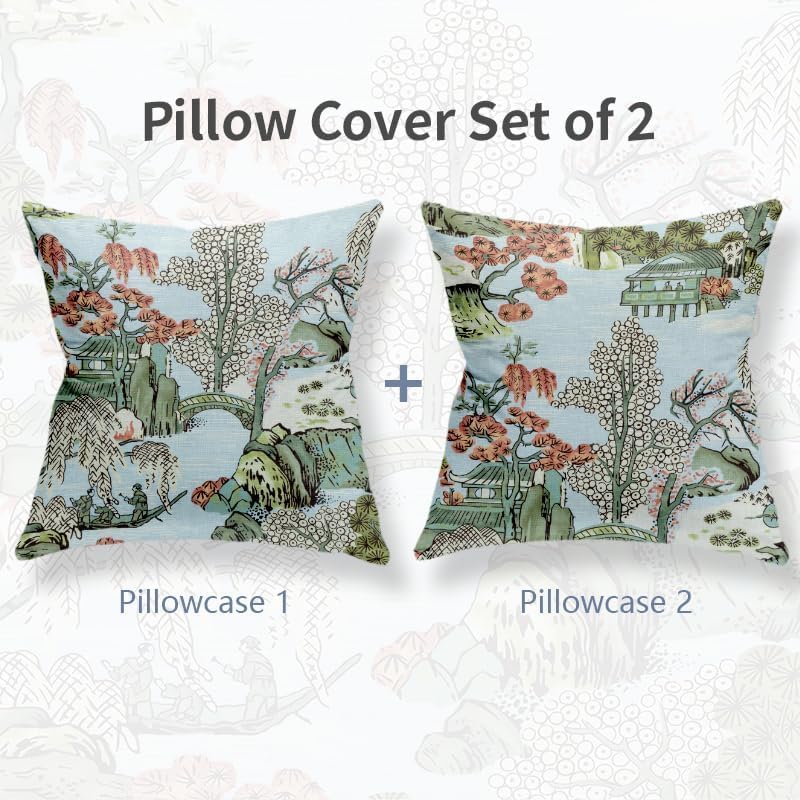 Chinoiserie – Juego de 2 fundas de almohada de 20 x 20 pulgadas, color azul y blanco, fundas de almohada decorativas de lino para exteriores, fundas