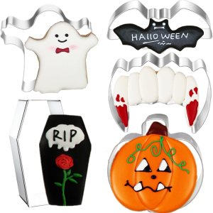 Cortadores de galletas de Halloween, 5 piezas de acero inoxidable para hornear, moldes de calabaza, fantasma, dientes de vampiro, murciélago, ataúd Cortadores de galletas de Halloween, 5 piezas de acero inoxidable para hornear, moldes de calabaza, fantasma, dientes de vampiro, murciélago, ataúd