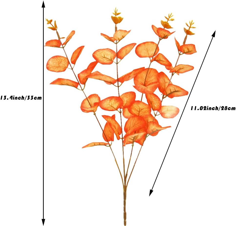 Tinsow Ramas de eucalipto artificiales, tallo de eucalipto sintético, tallos de otoño, Halloween, decoración del hogar (naranja rojizo, 10)