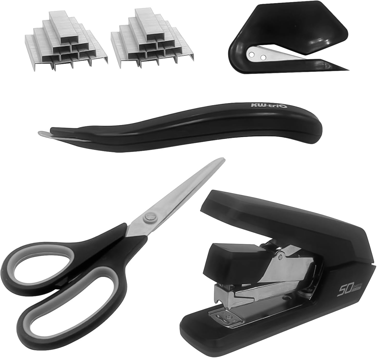 Explish Accesorios de escritorio, suministros de oficina, grapadora de escritorio sin esfuerzo, removedor de grapas, abridor de sobres, una tijeras