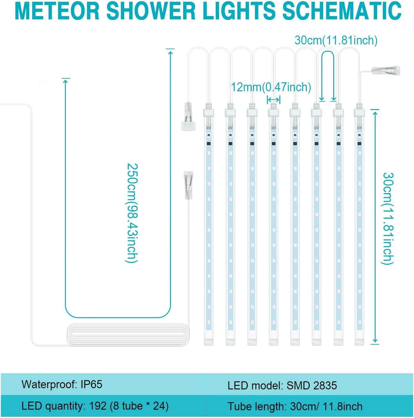 Tira de luces LED de lluvia de meteoritos para Navidad, 192 luces LED de 11.8 pulgadas, 8 tubos, impermeable, carámbano, nieve, caída, guirnalda de