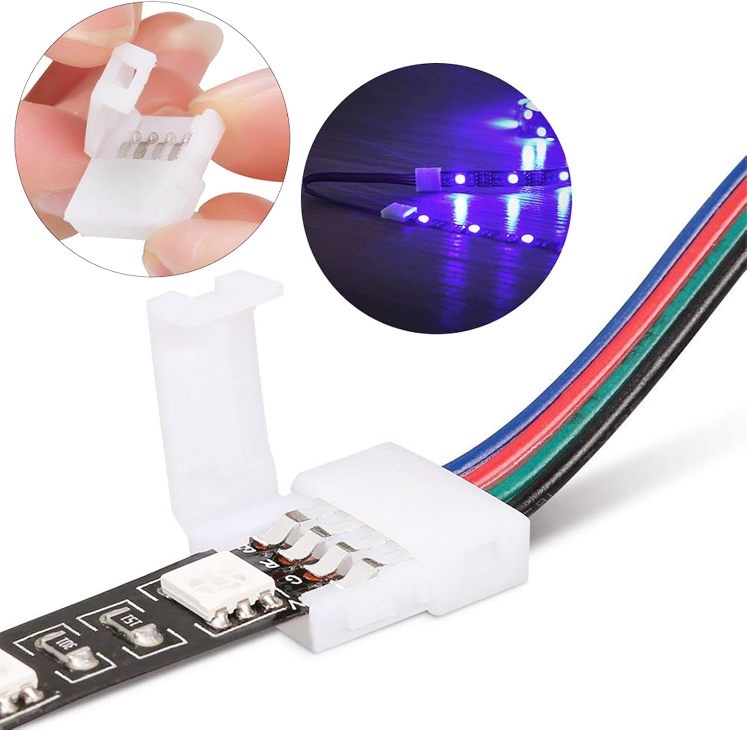 KUANVE Kit de conector de tira de luz LED de 4 pines, cable de extensión RGB, cable divisor de 4 vías, conectores sin soldadura de 0.394 pulgadas y