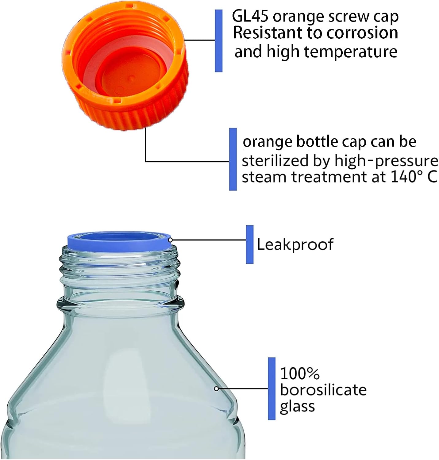 Botellas redondas de almacenamiento de medios de 16.9 fl oz con tapa de rosca GL45, vidrio de borosilicato, temperatura máxima 249.8 F, paquete de 3