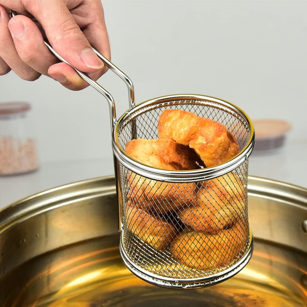 Cesta de acero inoxidable para freír profunda, 2 unidades, malla de alambre redonda, cesta para freír chips franceses con asa, vajilla de