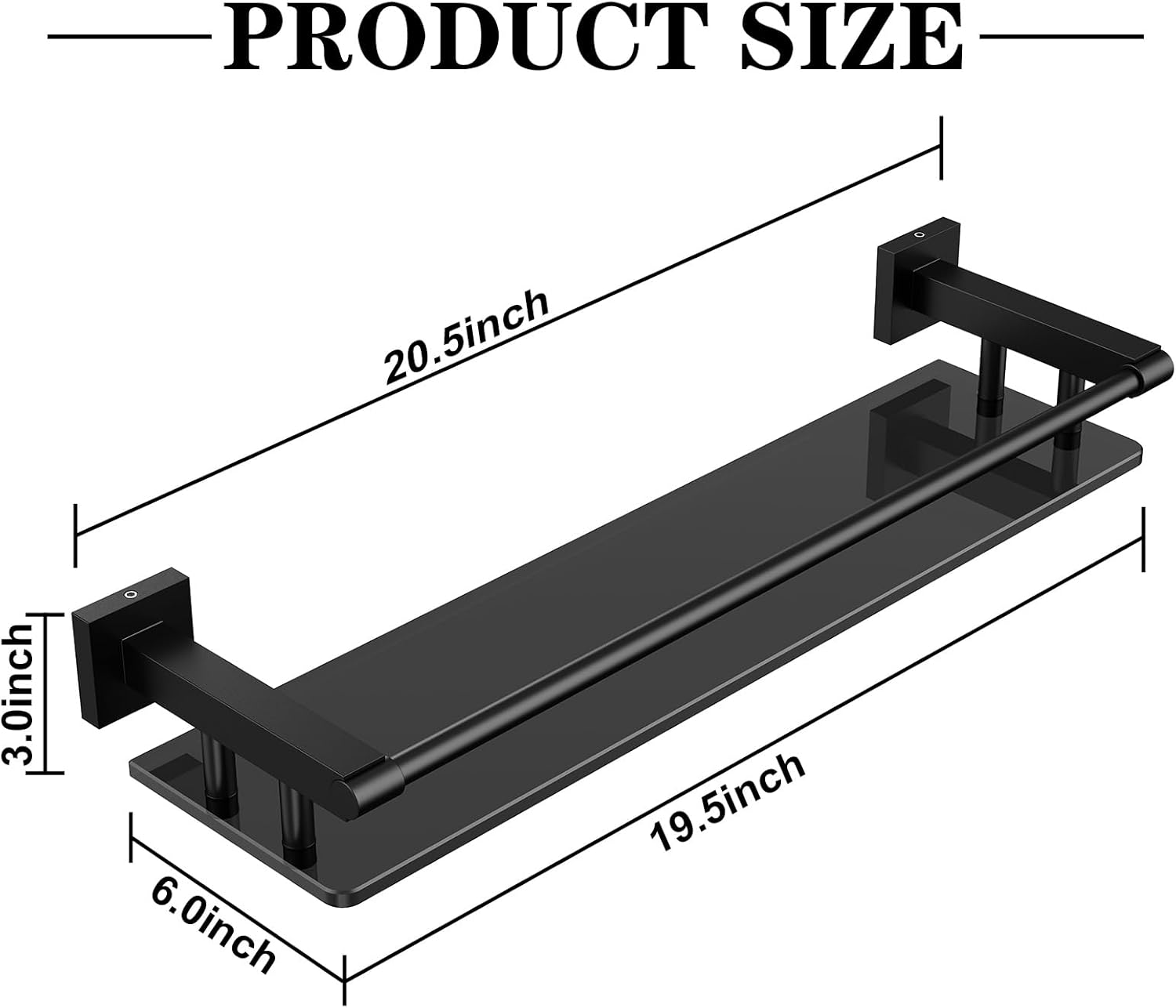 SFGSOWOR Estante rectangular de vidrio para baño de 20 pulgadas, de acero inoxidable, vidrio templado, moderno, de acero inoxidable, accesorios de