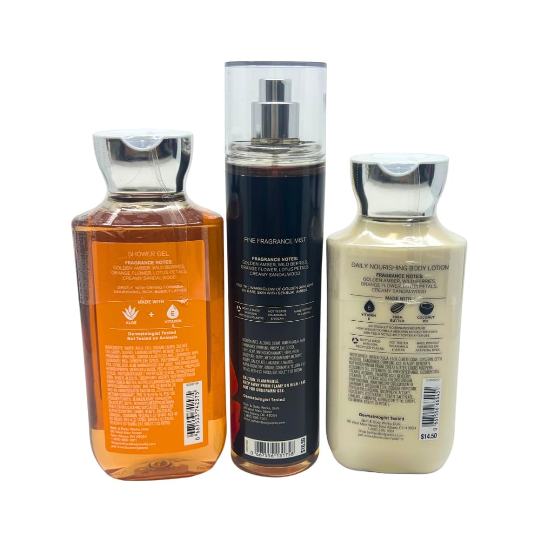 Bath & Body Works Sensual Amber – Paquete de 3 piezas – Paquete de regalo para vacaciones – Gel de ducha de 10 onzas – Bruma de fragancia fina de 8