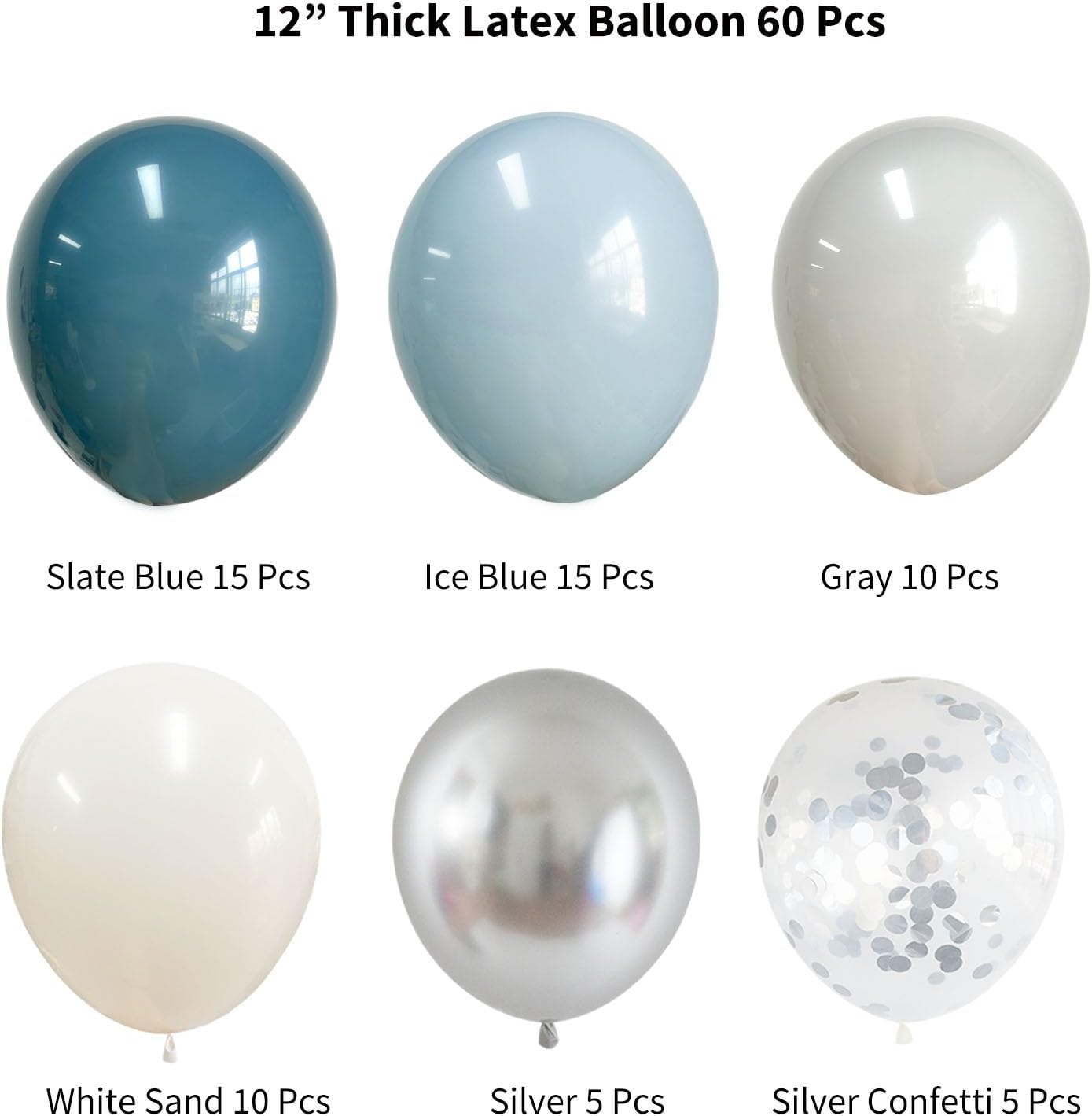 Globos de látex azul pizarra de 12 pulgadas, 60 piezas de niebla de hielo retro polvorienta, azul mar, gris, blanco, arena, plata, decoración de