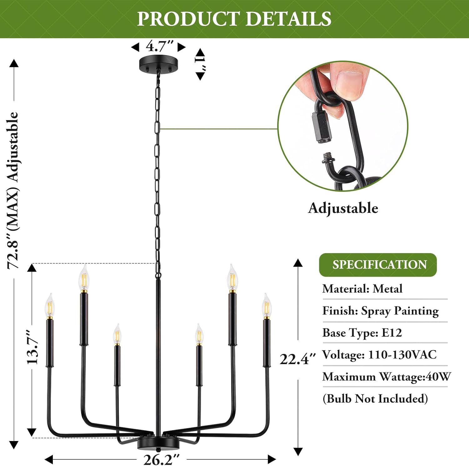Candelabro negro, 6 luces modernas de granja para accesorios de iluminación de comedor, iluminación industrial rústica colgante de vela para