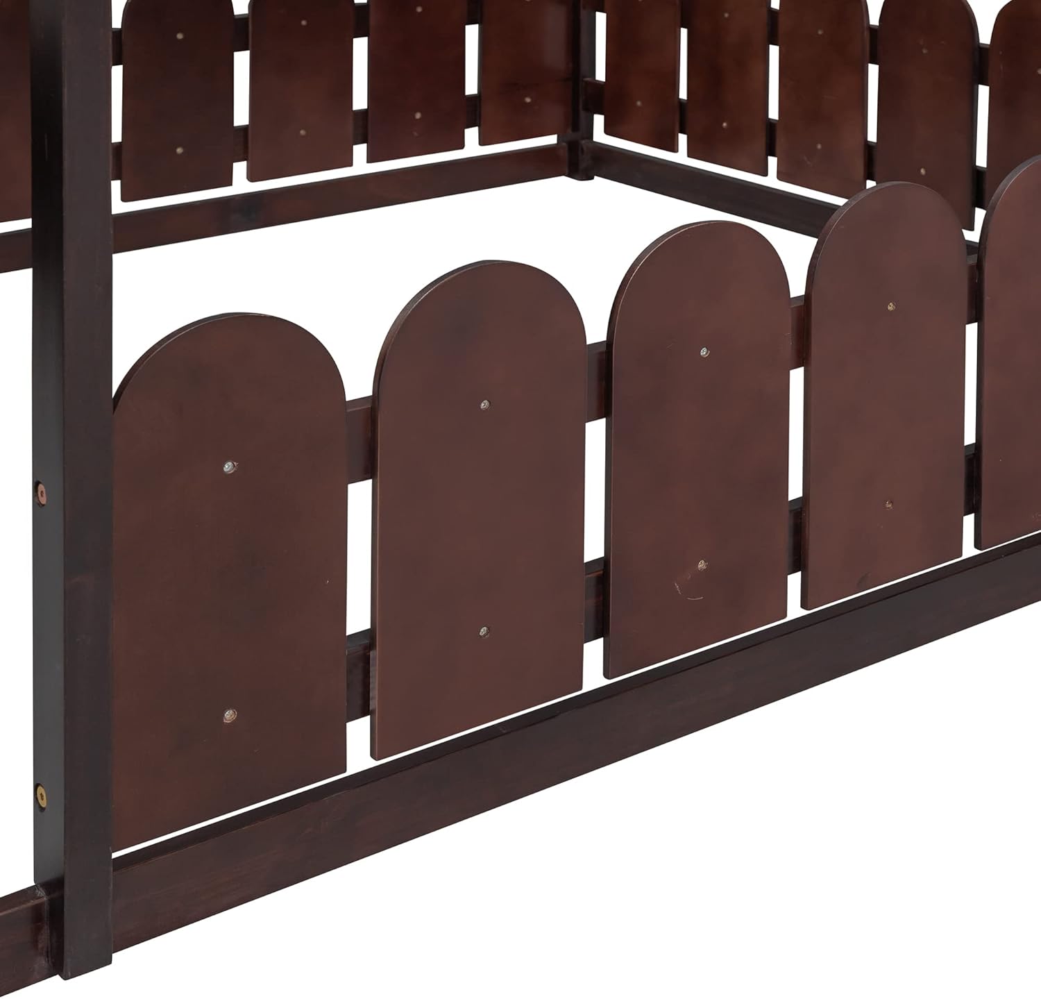 Montessori – Base de cama de tamaño matrimonialcasa, cama de piso para niños, cama de piso Montessori con valla, puerta y chimenea, color espresso