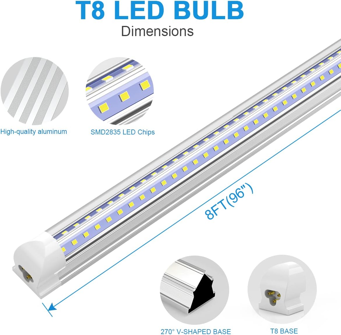 SHOPLED Luz LED de tienda de 8 pies, 72 W, 9360 lúmenes, 5000 K, luz blanca, cubierta transparente, forma de V, tubo LED T8, alto rendimiento, luces