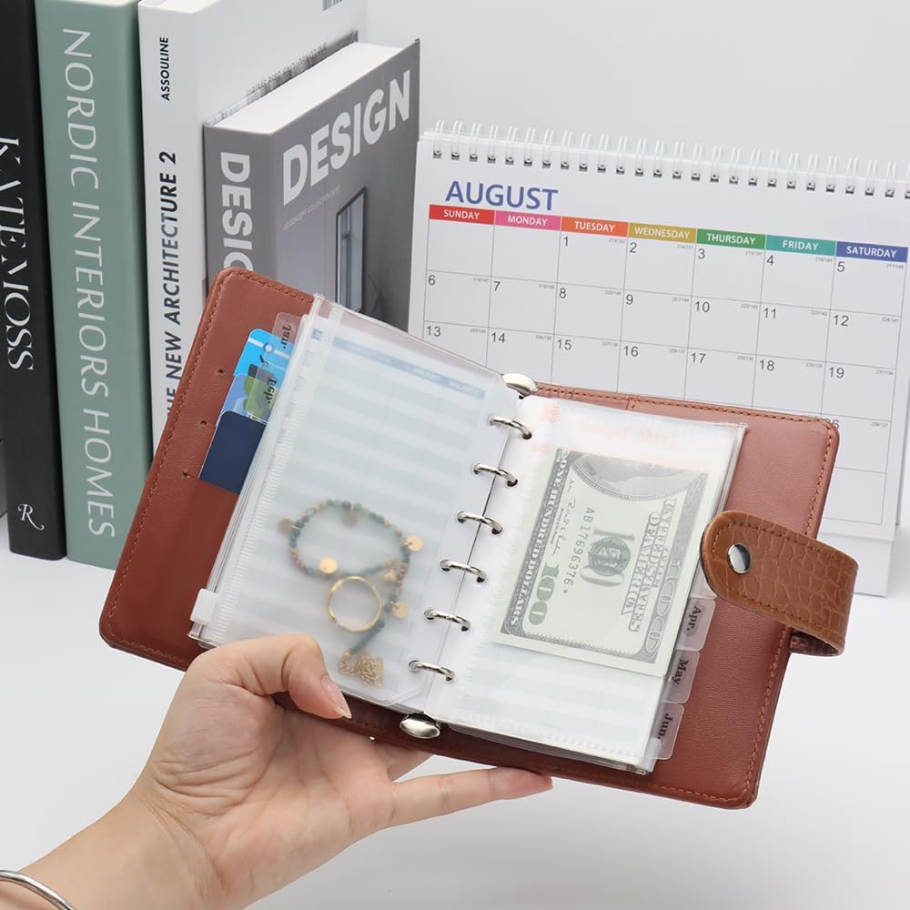 Carpeta de presupuesto de cocodrilo A7, carpeta planificadora de cuero marrón, carpeta de 6 anillos con cierre a presión, sistema de sobres de