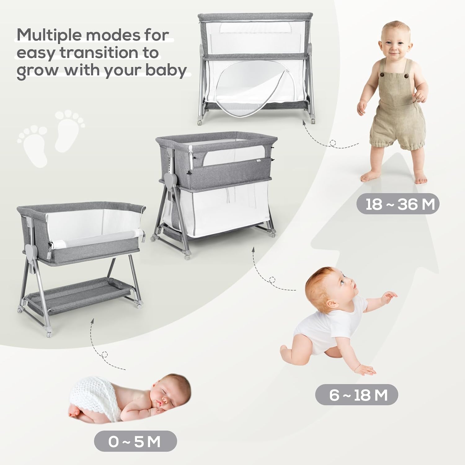 Cowiewie Moisés 3 en 1 para bebé, corralito para niños, multifuncional, junto al moisés con modo de juego para bebé de altura ajustable (gris)