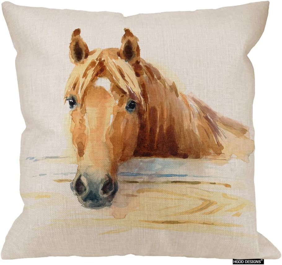 HGOD DESIGNS Funda de cojín decorativa con diseño de caballo de acuarela en el arte estable, funda de cojín cuadrada de lino y algodón, 20 x 20
