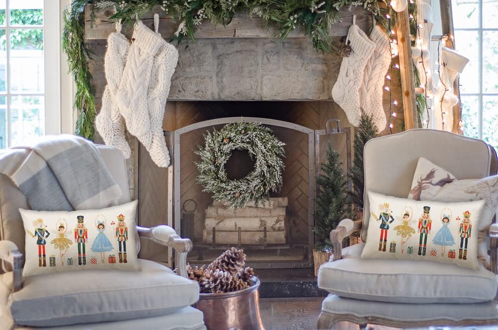 Funda de almohada con texto en inglés “Merry Christmas” de 12 x 20 pulgadas, decoración navideña de cascanueces de invierno, fiestas, decoración