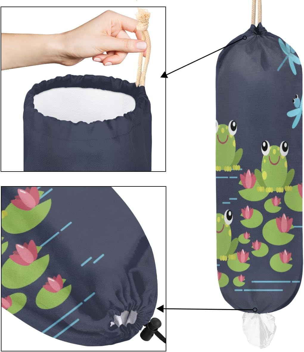 Soporte para bolsas de plástico de rana verde, estanque de loto, libélula lavable, grande, soporte para bolsa de comestibles, organizador de bolsas