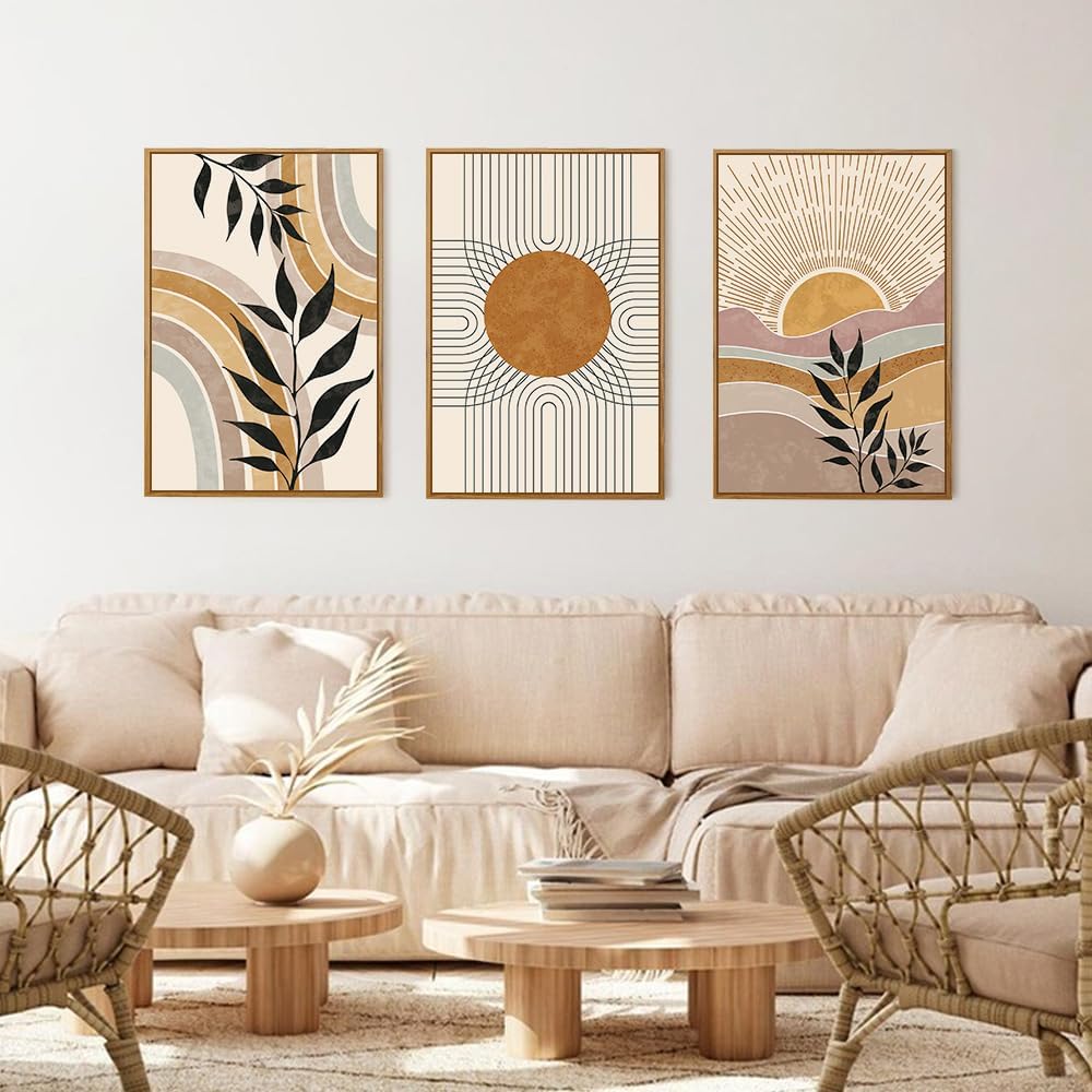 HPINUB – Lienzo enmarcado bohemio para pared, juego de 3 decoración de pared moderna de mediados de siglo, plantas naturales, pinturas artísticas