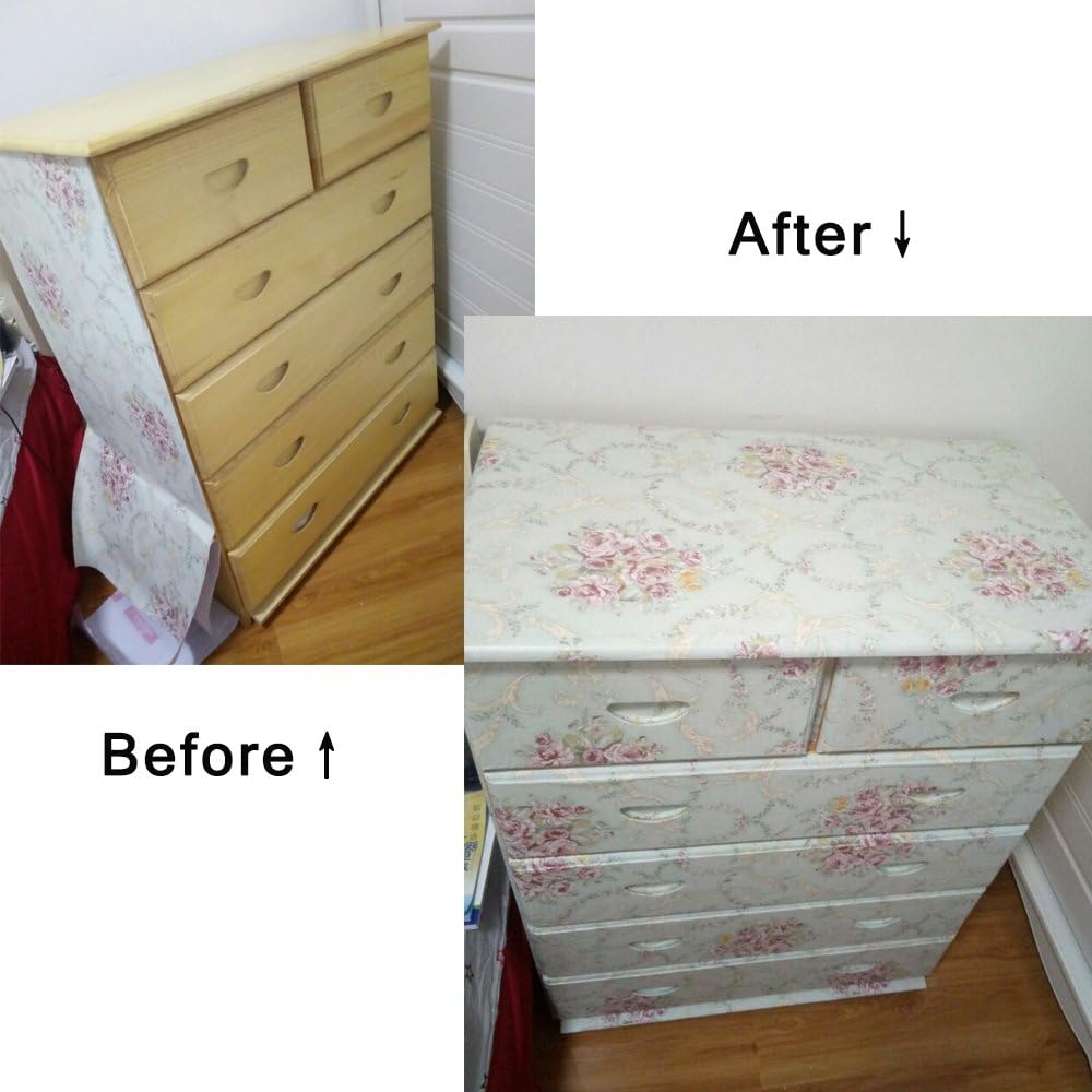 LovingWay Rollo de papel tapiz de 14.7 pies con diseño floral retro de 17.7 x 177 pulgadas, autoadhesivo, para cajón, cajón, cajas organizadoras de