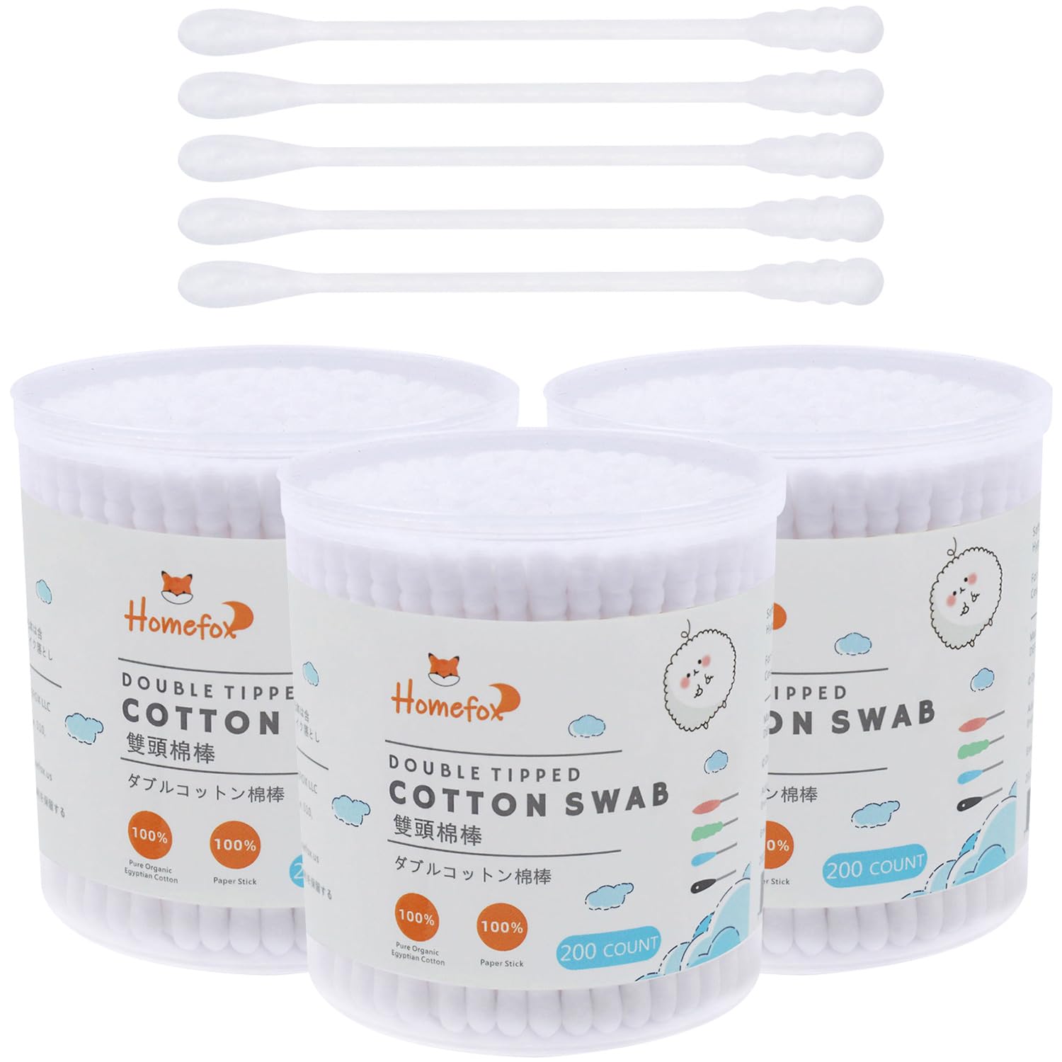 HOMEFOX Hisopos de algodón en espiral  600 unidades de algodón orgánico, doble cara firmemente envuelta, puntas de algodón, palillo de papel, suave,