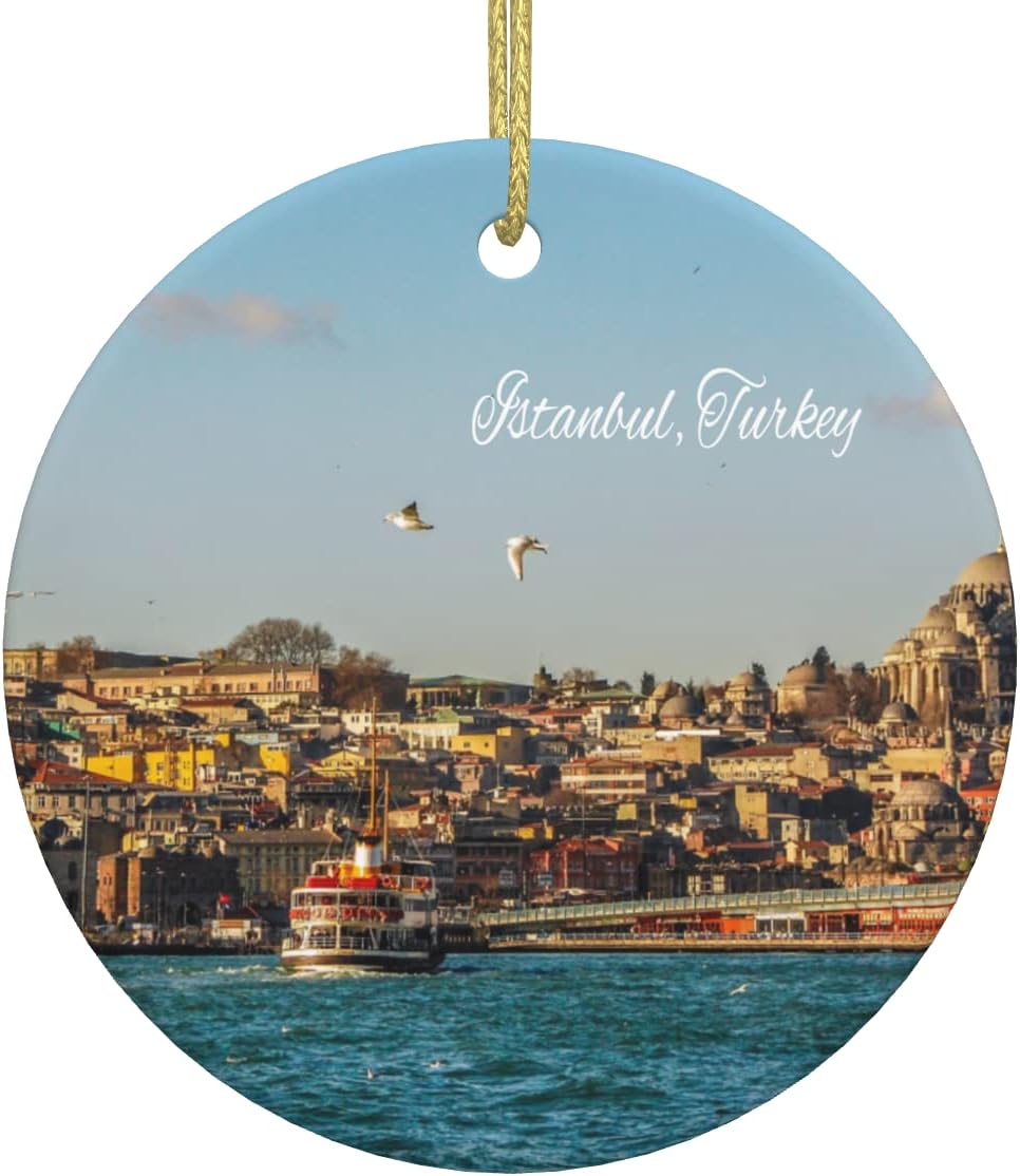 Adorno de pavo de Estambul, adorno de Navidad impreso de cerámica de doble cara de 3 pulgadas, recuerdo de viaje por la ciudad, adornos colgantes