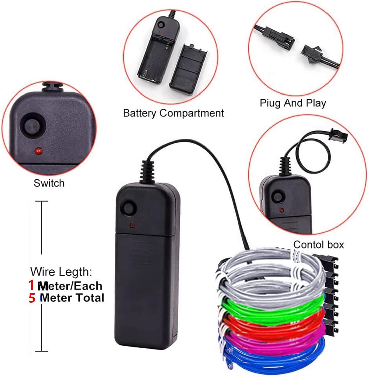 Ourbest 5in1 Electroluminescent Neon Strip Light Wire, EL Wire Lights Battery Pack for Cosplay Halloween Christmas Party Decoration StaySlowFast