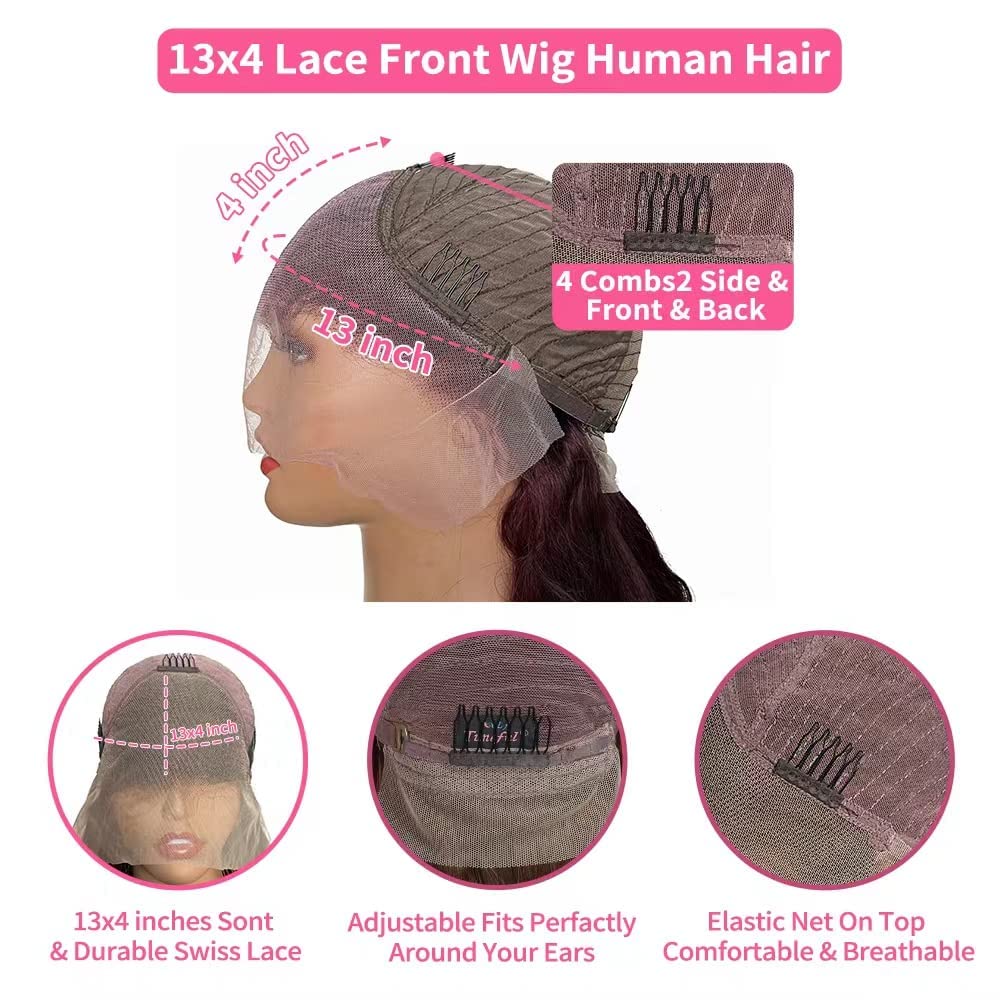 Peluca de cabello humano ondulado con encaje frontal color borgoña 99J de 13 x 4, densidad del 150 %, pelucas de color rojo vino para mujeres,