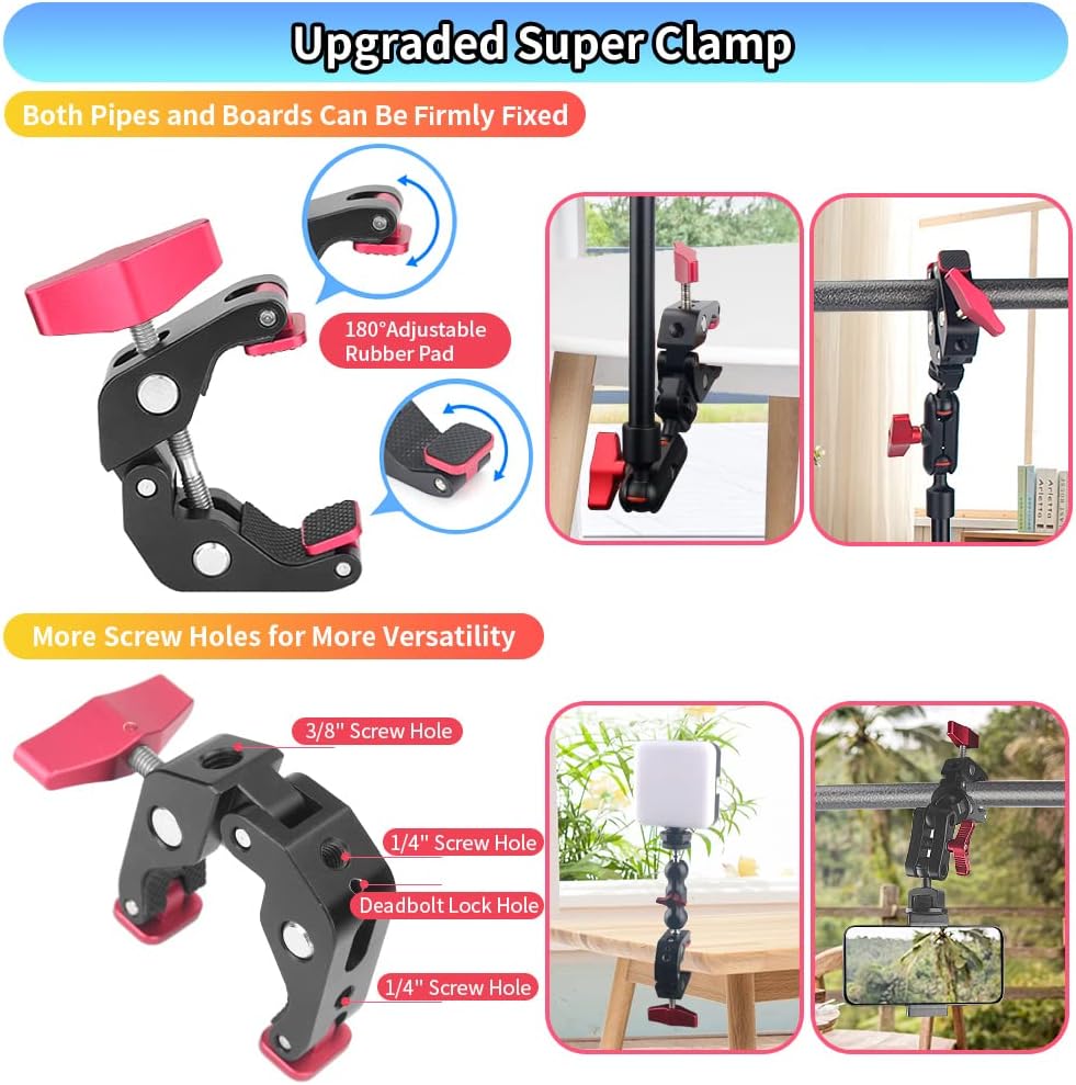 Super Clamp con rosca de 14 y 38 pulgadas y brazo mágico articulado ajustable de 13 pulgadas13.4 in con rosca de 14 pulgadas, soporte de cámara de