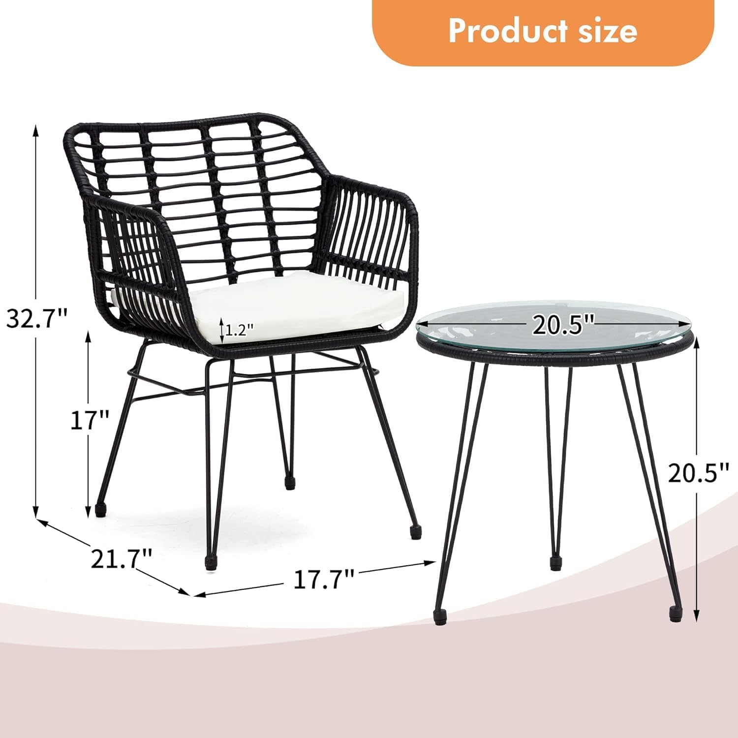 Juego de muebles de mimbre de 3 piezas, incluye 2 sillas y mesa superior de cristal, ideal para porche, al aire libre, patio, apartamento, balcón,