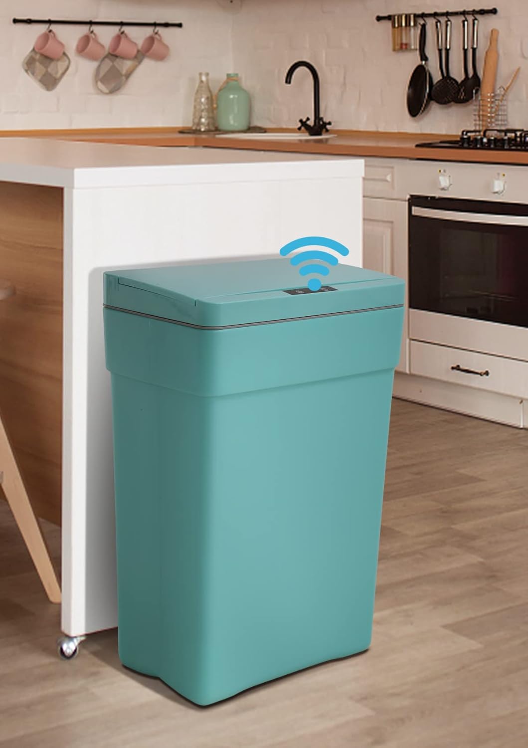 Bote de basura automático sin contacto de 13 galones, con tapa, azul, polipropileno, sensor de movimiento