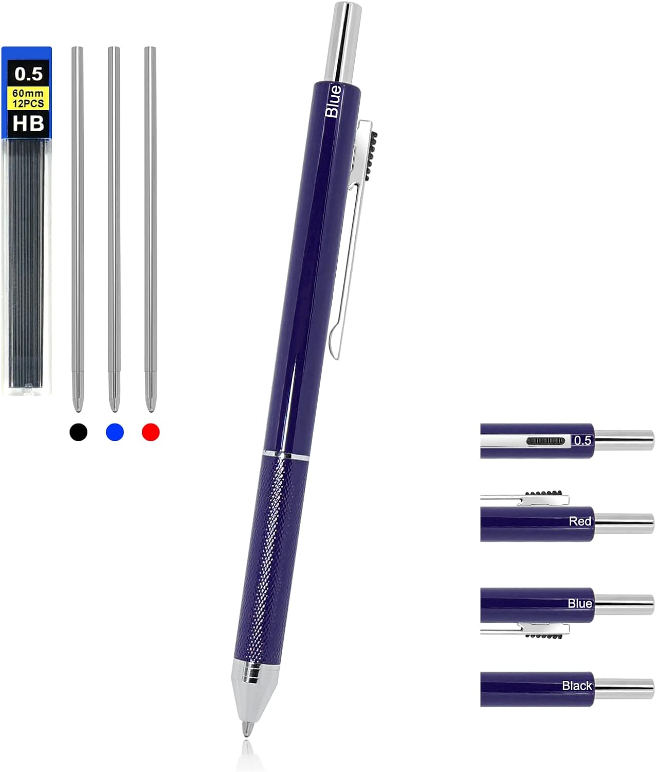 YOUMI Bolígrafo multicolor 4 en 1 multifunción con carcasa de metal, lápiz mecánico de 0.020 in, bolígrafo rojo, bolígrafo azul y bolígrafo negro,
