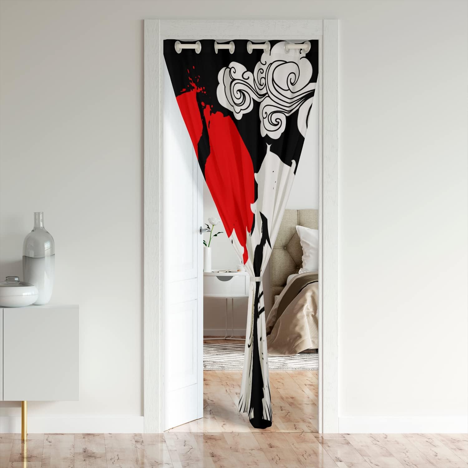 Erosebridal Samurai – Cortina opaca con estampado de puesta de sol, cortina de puerta japonesa, silueta de edificio, transpirable, cortina japonesa