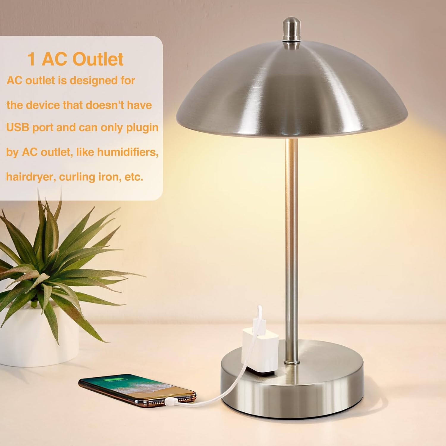 Moderna lámpara de escritorio con adaptador de CA, lámpara de lectura táctil regulable de 3 vías, lámpara de mesa pequeña plateada minimalista con
