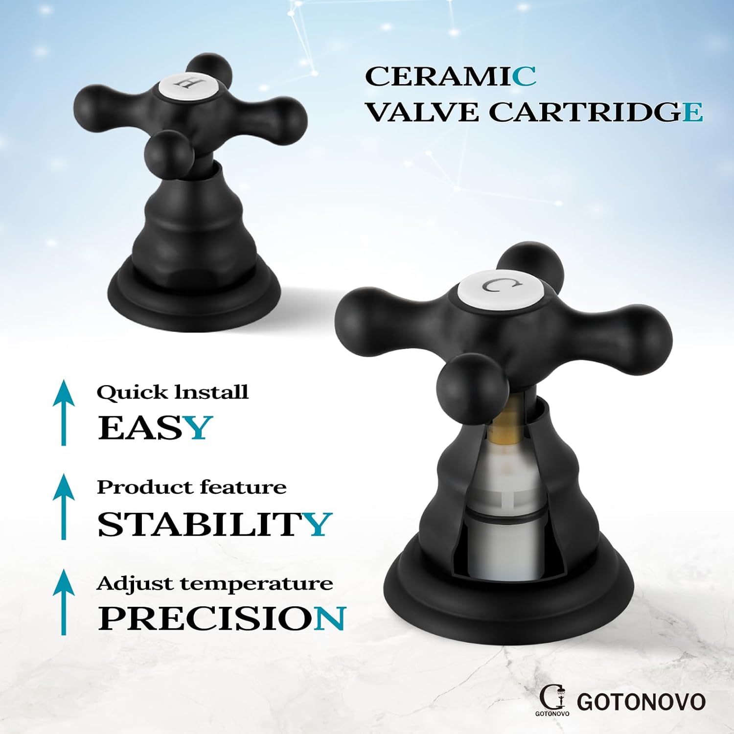gotonovo Grifo de lavabo de baño negro mate de 3 agujeros con desagüe emergente de dos manijas extendidas de doble cruz pomos mezcladores montaje en