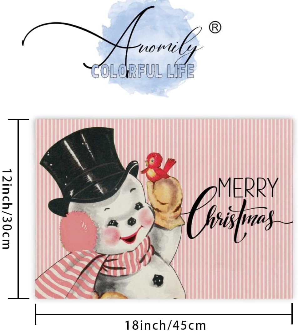 Juego de 4 manteles individuales de Navidad rosa con sombrero negro, muñeco de nieve, pájaro rojo, para cocina, comedor, decoración de fiestas en